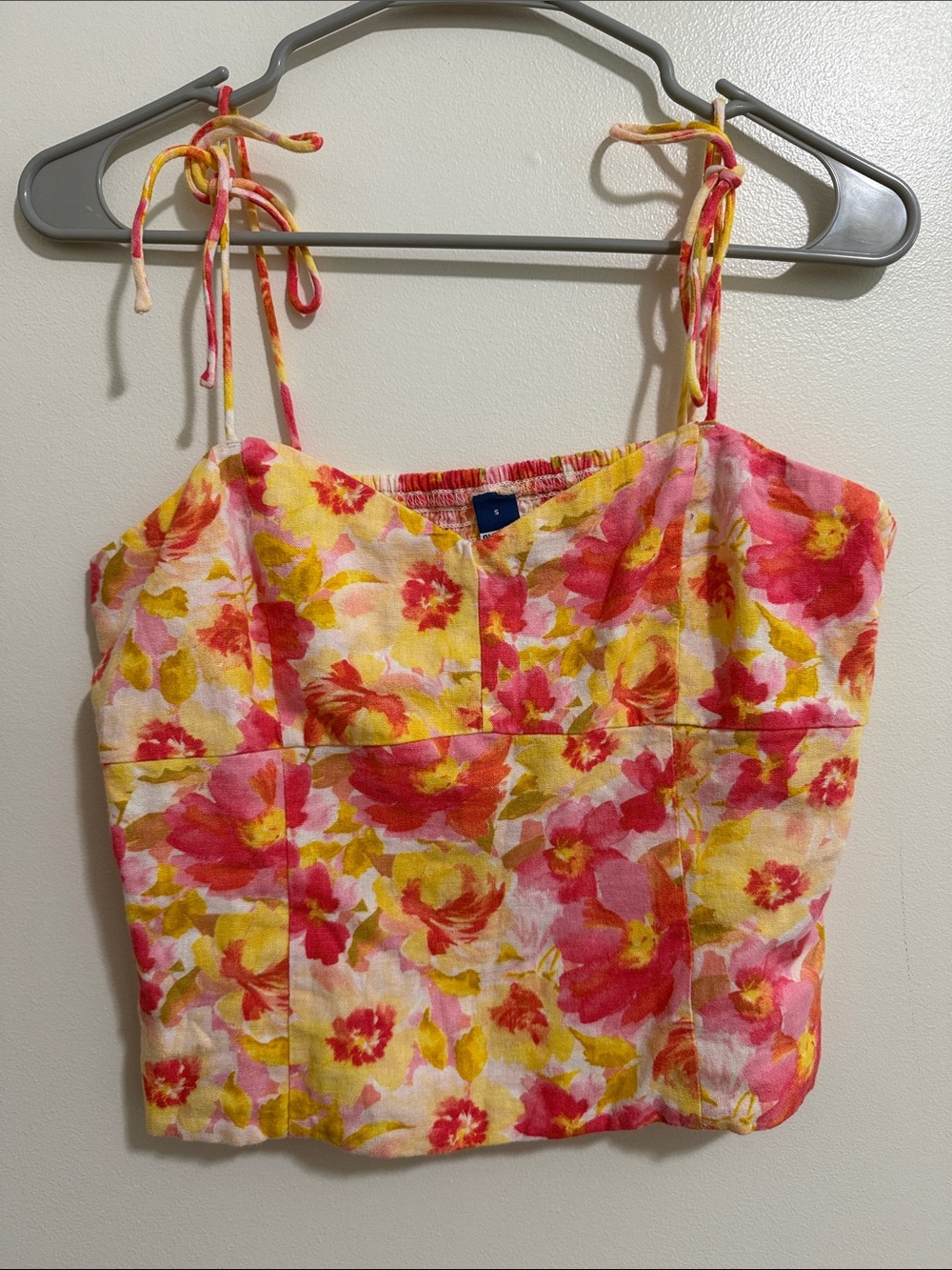 Old Navy Pink Yellow White Floral Cropped Tank Top Linen Blend Womens Small